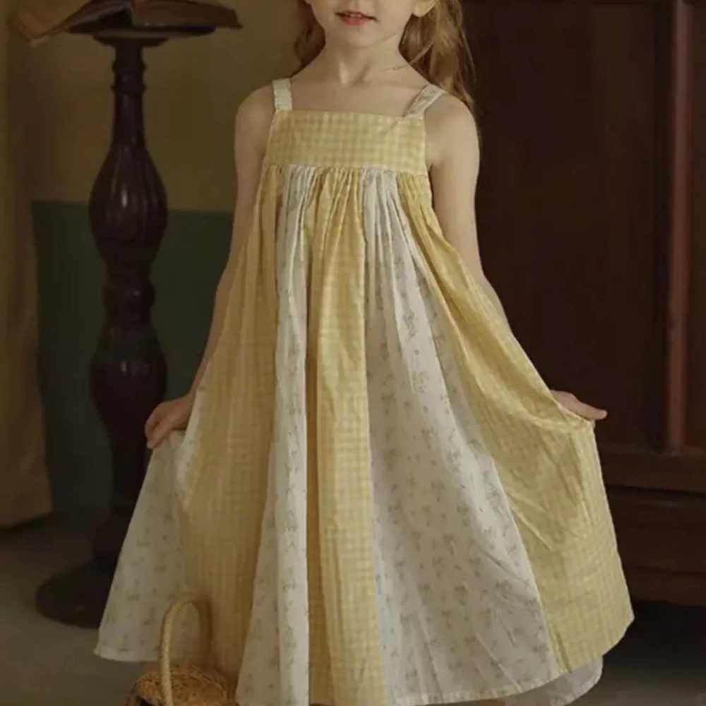 Girl s  plaid dress pastoral floral stitching suspender skirt
